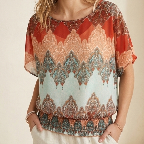 Allison Brittney Tops - Allison Brittney Boho Coral, Orange & Aqua Paisley Dolman